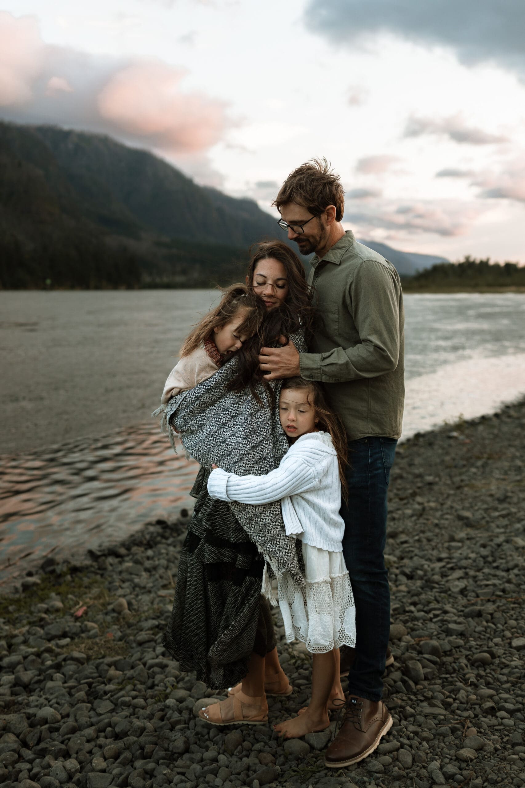 family of four bundled up for family photos